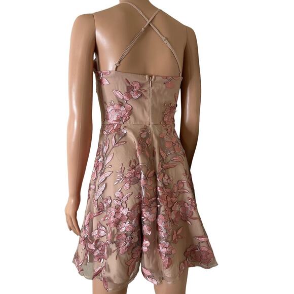 Women’s Beige Pink Floral Embroidered Mesh A-Line Cocktail Party Dress Sz 4 - Picture 9 of 10